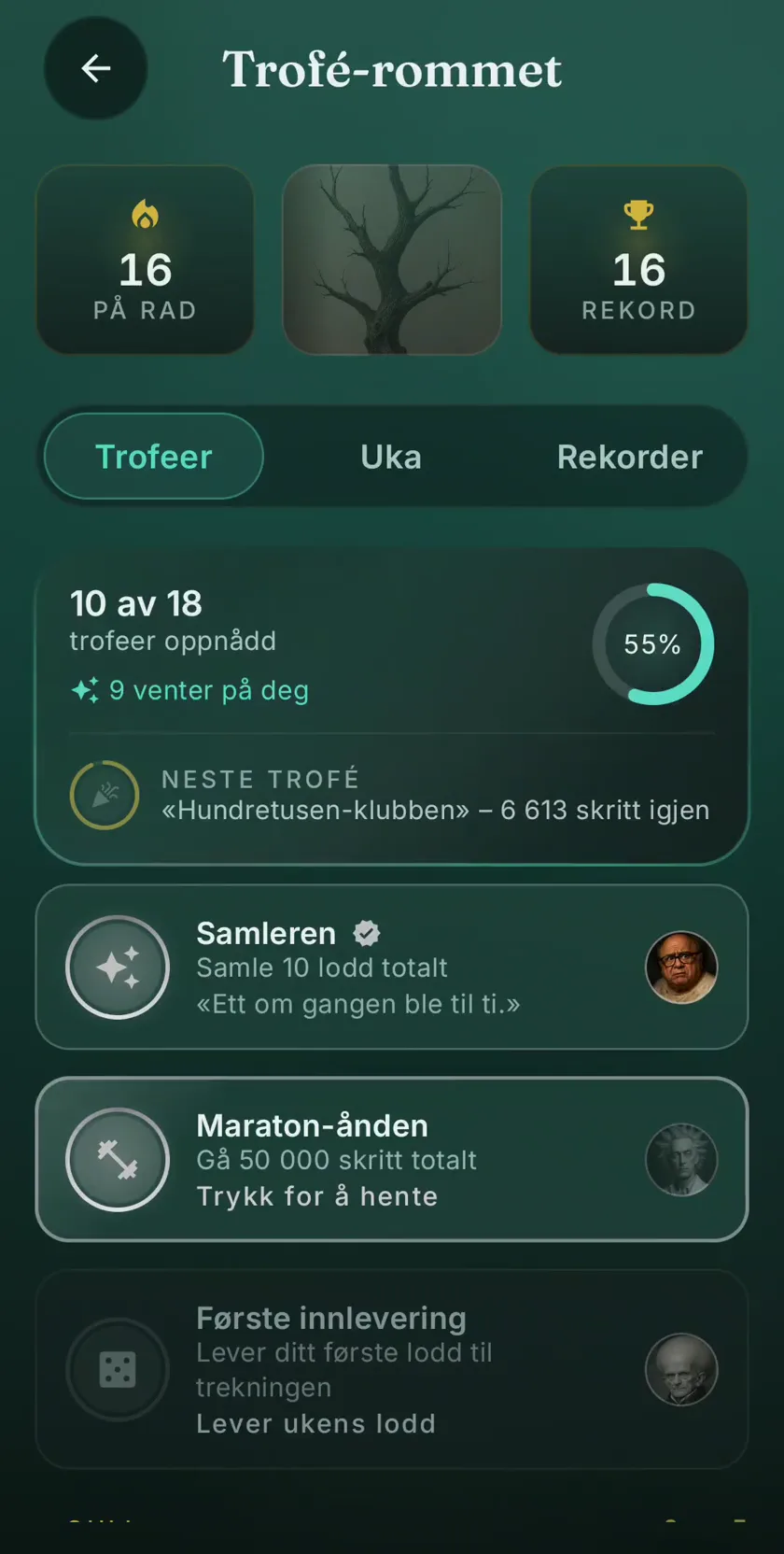 Trofé-rommet etter seremonien: Samleren har fått hake, og den nye avataren står i farger.
