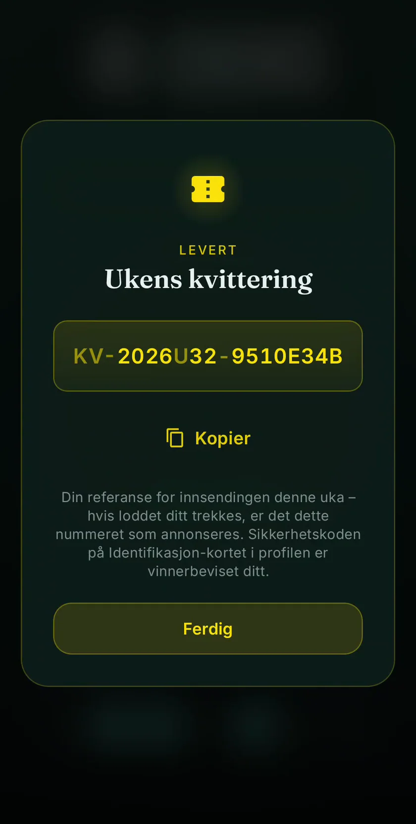 Ukens kvittering er levert: KV-2026U32-9510E34B, med kopierknapp og forklaring.