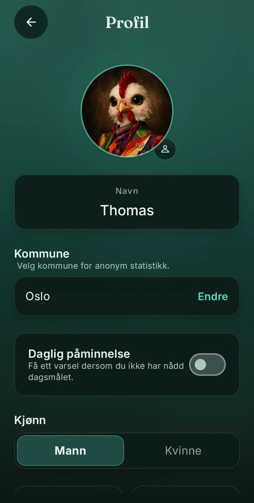 Profilskjermen etter valget: Høna i profilsirkelen, med testprofilens navn og kommune under.