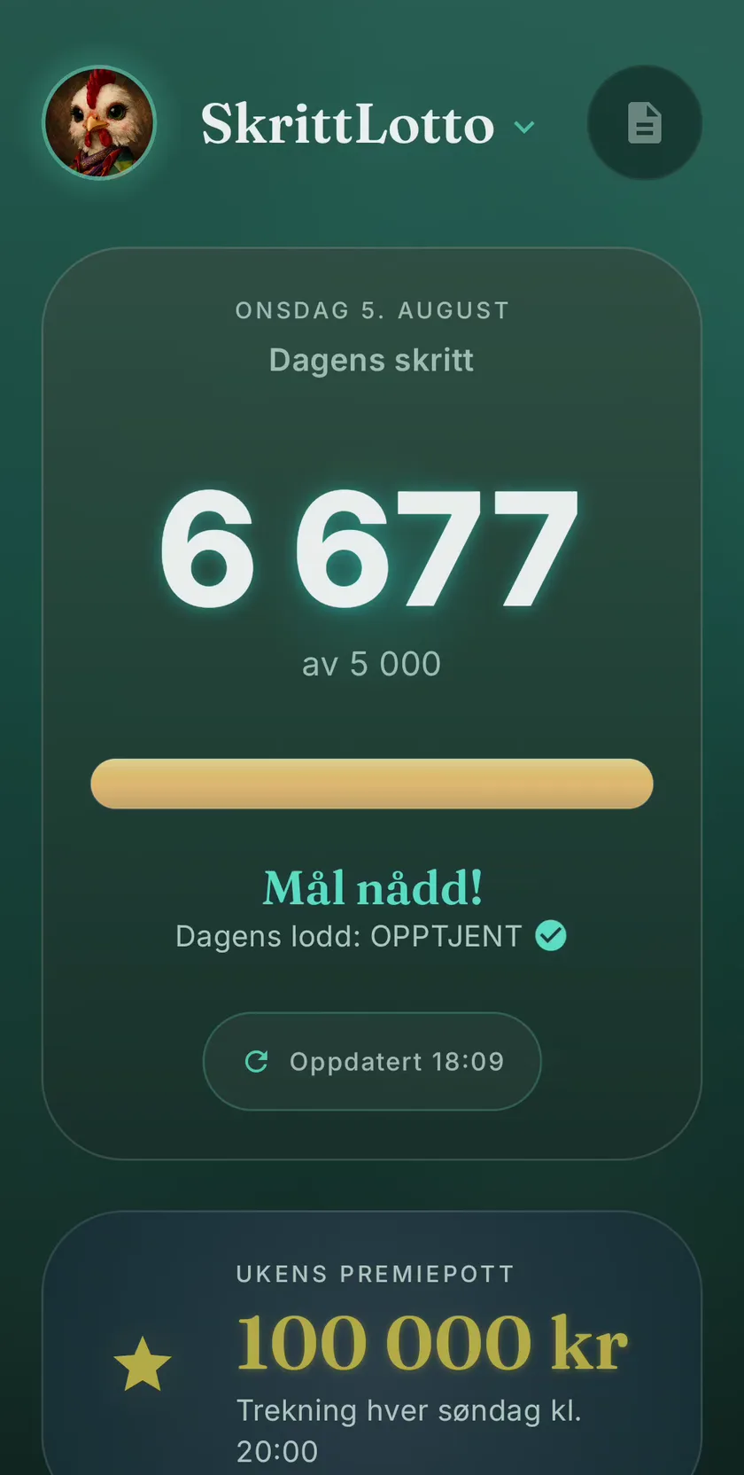 Målet er nådd: 6 677 skritt, gull fremdriftsbar og «Dagens lodd: OPPTJENT». Premiepottkortet under er en illustrasjon.