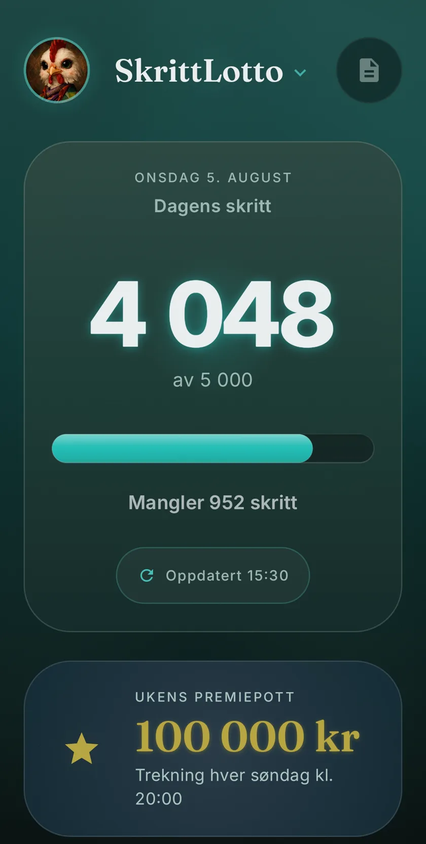 SkrittLotto-appens forside en onsdag underveis: 4 048 av 5 000 skritt, 952 igjen til dagens lodd. Nederst appens premiepottkort (beløpet er en illustrasjon).