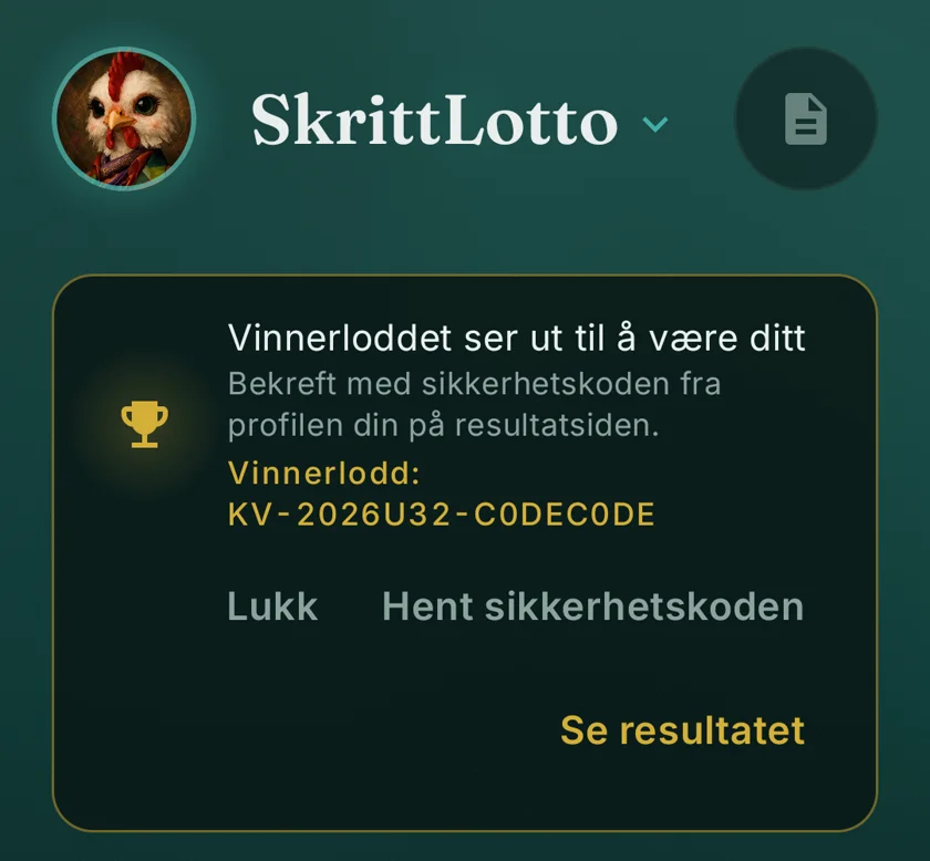 Appens vinnervarsel: «Vinnerloddet ser ut til å være ditt» – med samme kvitteringsnummer som på nettsiden.