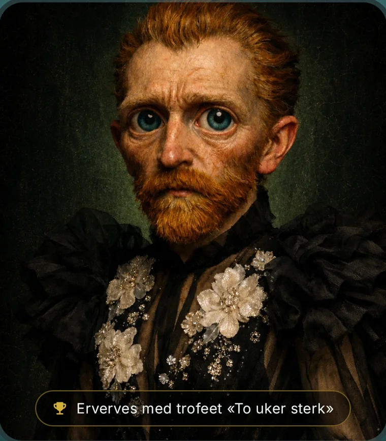 Låst portrett i galleriet med plakett: Erverves med trofeet «To uker sterk».