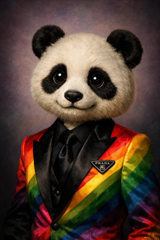 Malt portrett fra galleriet: en panda i regnbuestripet dressjakke.