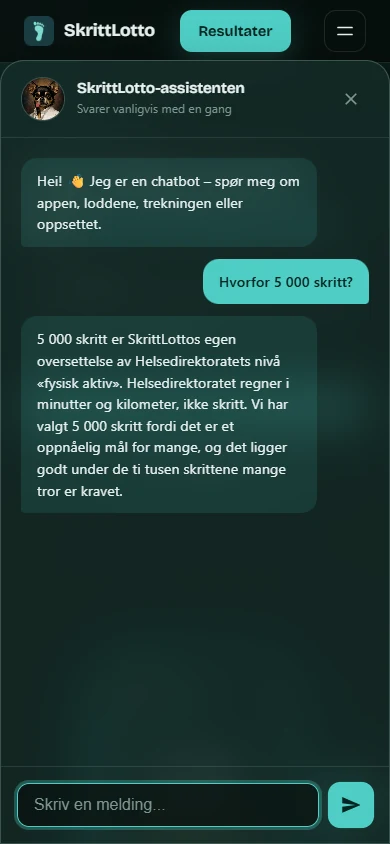 Assistentens faktiske svar på «Hvorfor 5 000 skritt?». Fullt transkript i teksten.