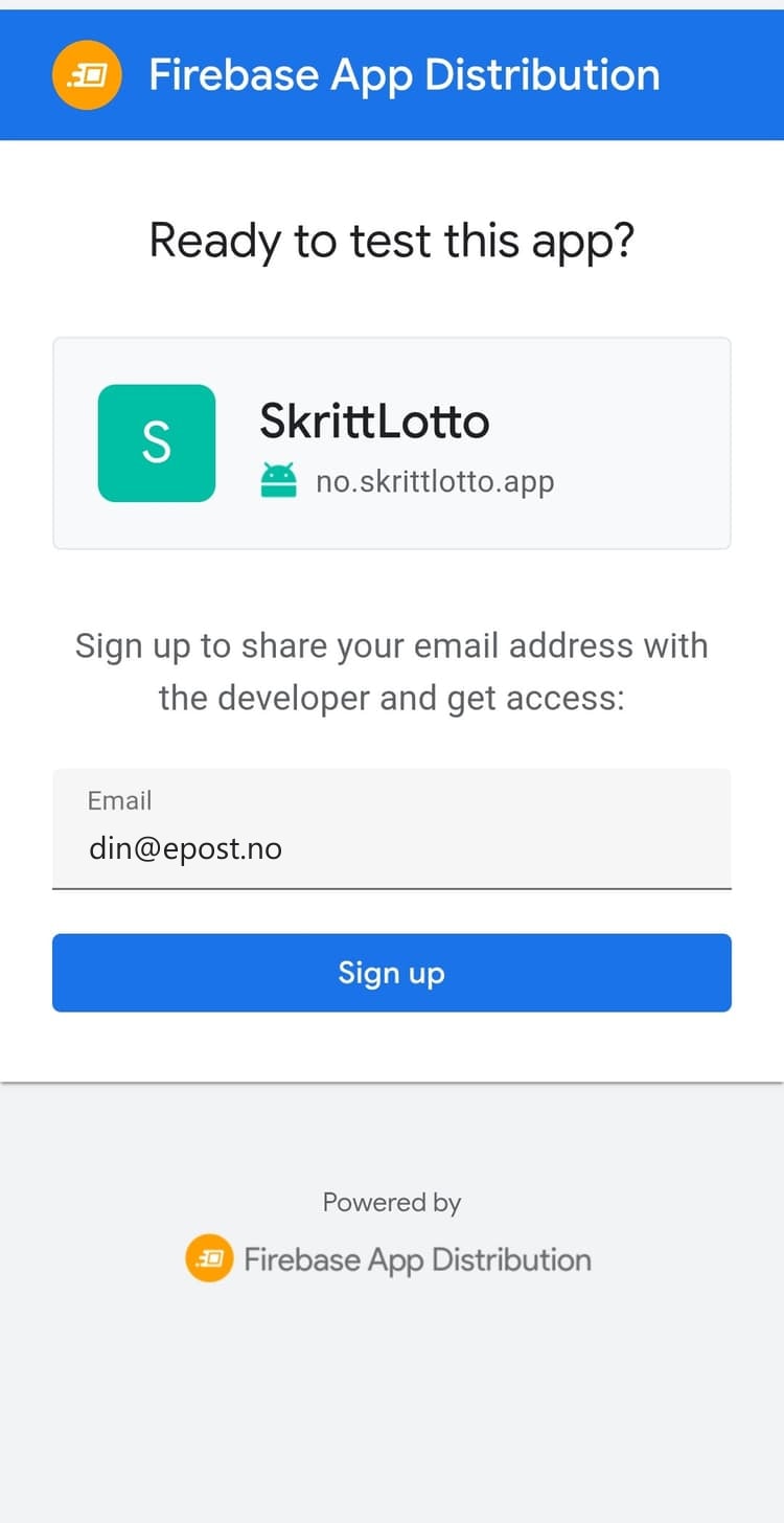 Registreringssiden i Firebase App Distribution