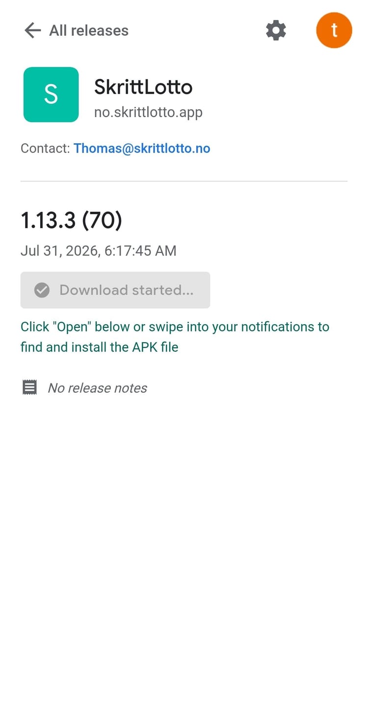 Nedlastingssiden bekrefter med Download started