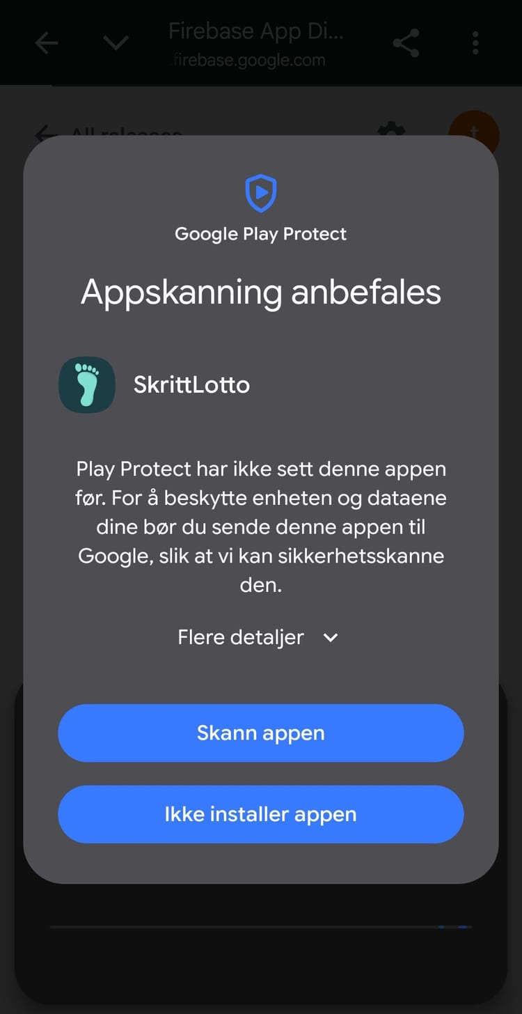 Play Protect-dialogen Appskanning anbefales der Skann appen er veien videre