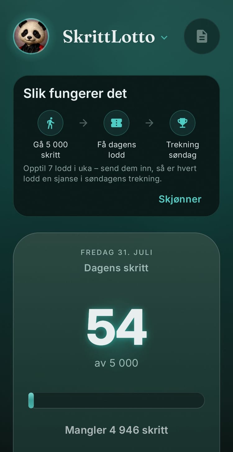 Hjemskjermen med Slik fungerer det-kortet og dagens teller