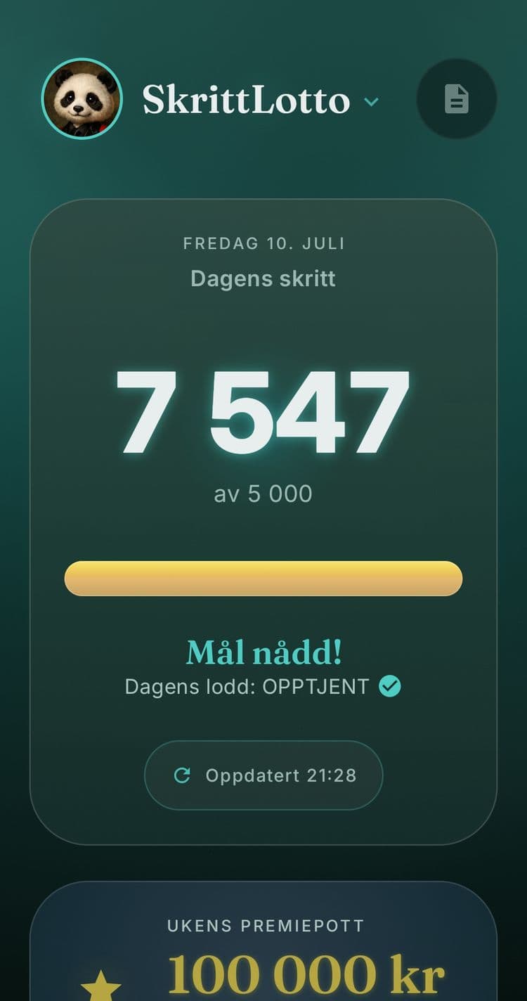 Dagens skritt-skjermen med Mål nådd og opptjent lodd