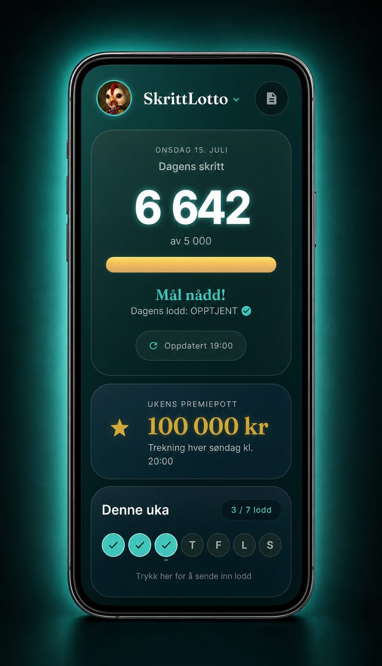Appens hovedskjerm: dagens skritt og ukens premiepott (illustrasjon)
